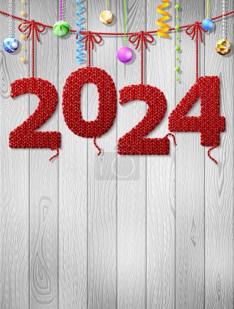 New Year 2024 knitted fabric as christmas decoration. Christmas wood background with copy space. Vector image for new years day, christmas, holiday template, new years eve, silvester, etc