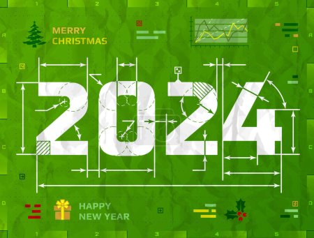 Illustration for New Year 2024 as technical blueprint drawing. Drafting of 2024 on crumpled paper. Vector illustration for new years day, christmas, winter holiday, new years eve, engineering, silvester, etc - Royalty Free Image