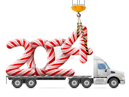 Illustration for Crane loads New Year 2024 of candy stick. Big striped holiday candies year number in back of truck. Vector image for new years day, christmas, confection, new years eve, transportation, winter holiday, trucking, silvester, etc - Royalty Free Image
