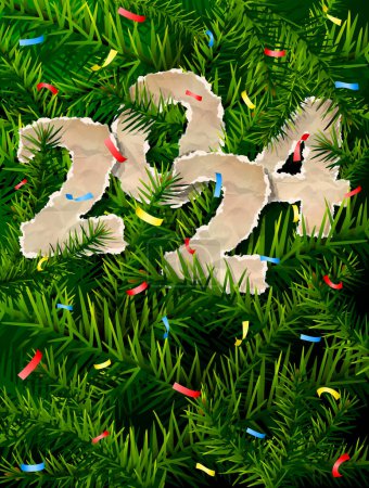Illustration for New Year 2024 of crumpled paper between pine twigs. Paper year numbers is strewn with confetti on christmas tree. Vector image for new years day, christmas, winter holiday, new years eve, silvester - Royalty Free Image