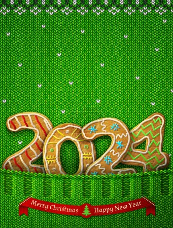 Illustration for New Year 2024 in shape of gingerbreads in knitted pocket. Sweater fragment with year number like cookies. Vector illustration for new years day, christmas, cooking, winter holiday, food, silvester, etc - Royalty Free Image