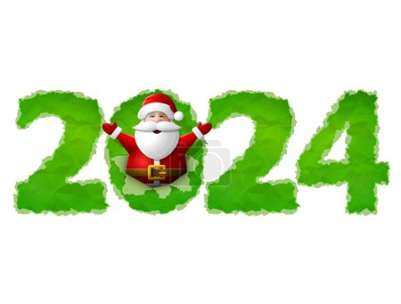 Illustration for New Year 2024 of crumpled paper isolated on white background. Santa Claus is sticking out of hole in paper with his hands up. Vector image for new years day, christmas, winter holiday, new years eve, silvester, etc - Royalty Free Image