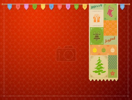 Illustration for Christmas red background with vintage banner. New Year template with christmas patchwork ornament. Vector backdrop for christmas, new years day, card; winter holiday, design, new years eve, silvester, etc - Royalty Free Image