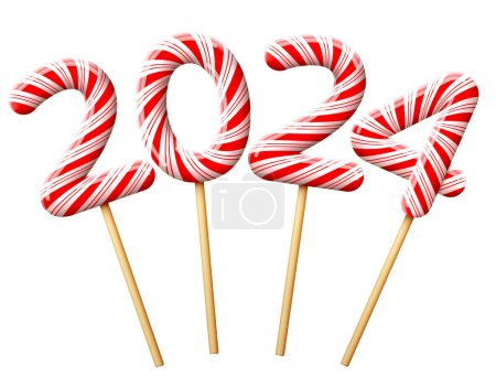 Illustration for New Year 2024 in shape of candy on wooden stick. Year number of striped peppermint lollipops. Vector image for christmas, new years day, sweet-stuff, winter holiday, dessert, new years eve, etc - Royalty Free Image