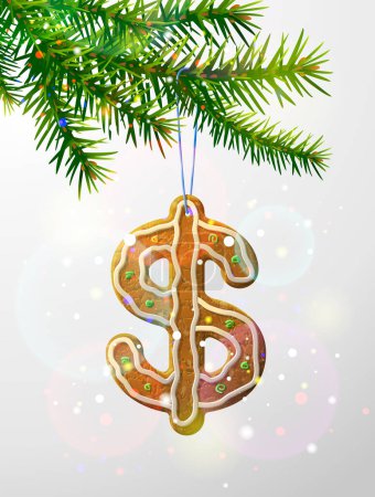 Illustration for Christmas tree branch with decorative cookie of money shape. Gingerbread dollar hanging on pine twig. Vector illustration for christmas, banking, new years day, finance, winter holiday, money, new years eve, food, etc - Royalty Free Image