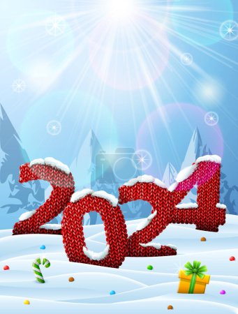 Ilustración de Año Nuevo 2024 en forma de tejido de punto en la nieve. Paisaje de invierno con número de año de ganchillo, iluminación superior. Imagen vectorial para el día de año nuevo, Navidad, vacaciones de invierno, tejer, víspera de año nuevo, silvestre - Imagen libre de derechos