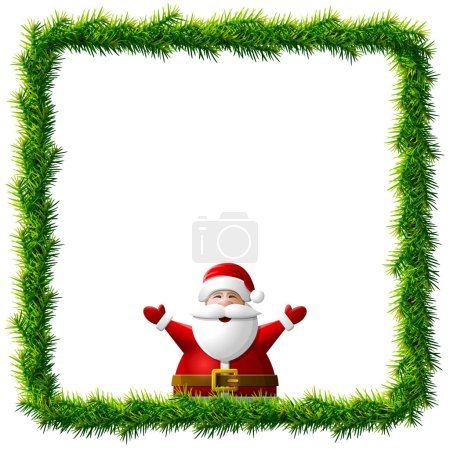 Illustration for Christmas frame with Santa Claus to waist with his hands up. Thin christmas square wreath with Santa inside. Vector illustration for new years day, christmas, winter holiday, new years eve, silvester, etc - Royalty Free Image