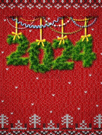 Téléchargez les illustrations : Nouvel An 2024 de brindilles comme ornement de Noël. Fond tricoté de Noël avec espace de copie et décoration. Illustration vectorielle pour le jour de l'an, Noël, vacances d'hiver, réveillon du Nouvel An, silvester, etc. - en licence libre de droit