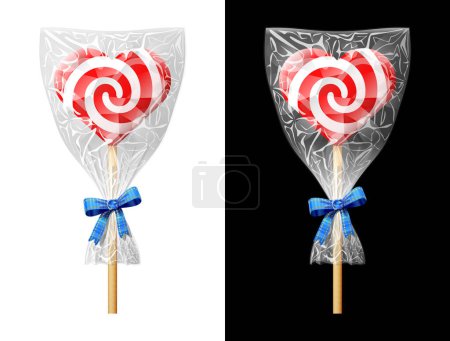 Illustration for Heart shaped candy on stick in plastic wrapper with bow. Festive wrapped red lollipop isolated on white and black background. Vector illustration for valentines day, wedding, cooking, romantic relationship, food, love, etc - Royalty Free Image