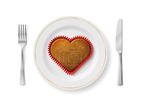 Illustration for Heart cupcake is on white plate with fork and knife, top view. Dinner plate with heart shaped cookie inside and cutlery set on sides. Vector image about valentines day, table setting, wedding, cooking, romantic relationship, food, love, etc - Royalty Free Image