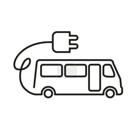 Téléchargez les illustrations : Bus icon with a wire with a socket for charging. Electric bus icon in thin lines. - en licence libre de droit