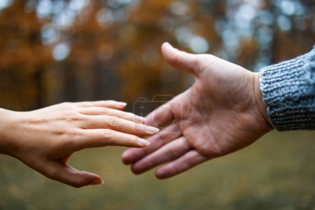 Téléchargez les photos : Jeune couple amoureux marchant dans le parc d'automne se tenant la main en gros plan. Les mains d'un homme et d'une femme se touchent. - en image libre de droit