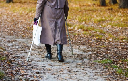 Foto de Una anciana con un palo camina por el parque. Vista posterior mujer anciana al aire libre. La vieja abuela está caminando en el bosque. Vida de los pensionistas en Rusia. La vejez en otoño. - Imagen libre de derechos