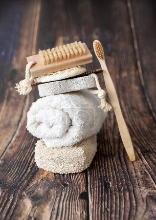 Photo for Zero waste bathroom accessories, natural sisal brush, wooden comb, wooden brush for dry skin. - Royalty Free Image