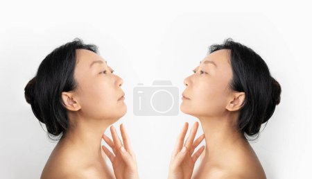 Foto de Parte de la cara, Mujer asiática con doble y perfecta barbilla aislada sobre fondo blanco Concepto de belleza. - Imagen libre de derechos