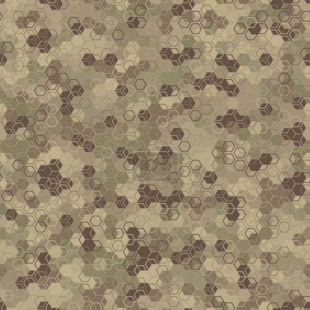 Téléchargez les illustrations : Tan and beige colored texture military camouflage seamless pattern. Abstract modern army camo, desert sand storm hex ornament, urban colors, endless background. Vector illustration. - en licence libre de droit