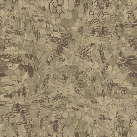 Illustration for Desert color spotted camouflage masking hexagonal netting. Tan and beige coloring seamless vector pattern. Hiding hex shape texture of abstract military background for army design. - Royalty Free Image