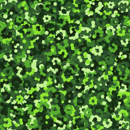 Ilustración de Camouflage seamless pattern background. Classic acid partisan clothing style masking camo repeat print. Toxic green colors army field and urban texture. Design element vector illustration. - Imagen libre de derechos