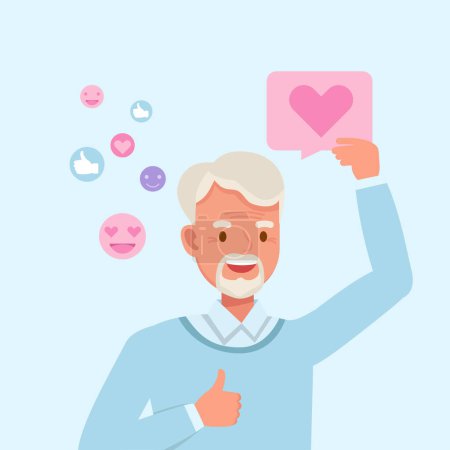 Smiling man hold huge like sign from social network concept. people character vector design.