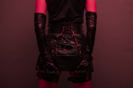 Foto de Beautiful young woman in a leather dress and bondage set posing back on red light backgound - Imagen libre de derechos