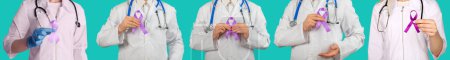 Set of five images doctor holding a purple ribbon in hands ADD,ADHD,Alzheimer Disease, Arnold Chiari Malformation,Childhood Hemiplegia stroke, Epilepsy, Chronic Acute Pain,Crohns