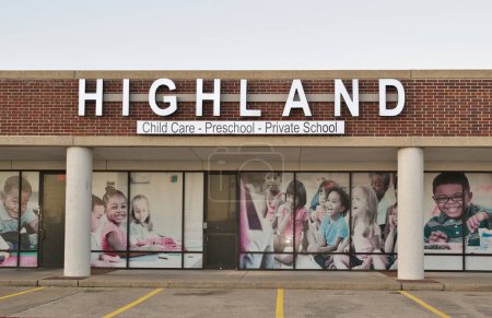 Photo for Houston, Texas USA 12-10-2023: Highland preschool and child care business storefront in Houston, TX. Private tuition for preschooler education. - Royalty Free Image