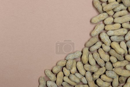 Unshelled peanuts scattered on cardstock background with copy space. Flat lay closeup food, legume crop nutrition and allergy, farming industry concept.