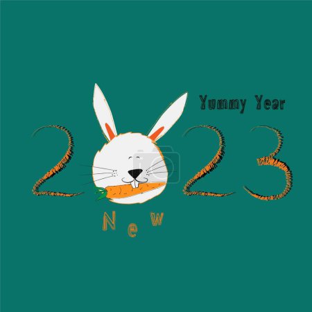 Foto de Saludo vector inscripción feliz delicioso año nuevo 2023 con humor con un conejito divertido con una zanahoria en los dientes - Imagen libre de derechos