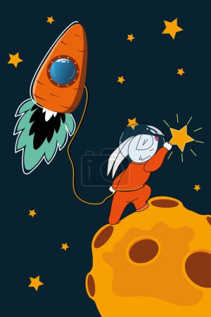 Foto de Astronauta conejito en la luna con estrellas en cohete zanahoria en la ilustración del vector espacial vegetariano. Fondo ficticio infantil extraterrestre, tarjeta de felicitación, papel pintado - Imagen libre de derechos