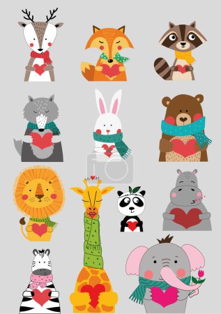 Valentines day cute animals set with deer, fox, raccoon, wolf, rabbit, bear, lyon, giraffe, panda, hypopotamus, zebra, elephant. Childish print for cards, stickers, apparel and nursery decoration