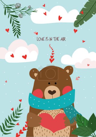 Foto de Cute hand drawn Valentines Day card with funny Bear with Heart and caption love is in the air on the background of sky with clouds, hearts, green leaves - Imagen libre de derechos