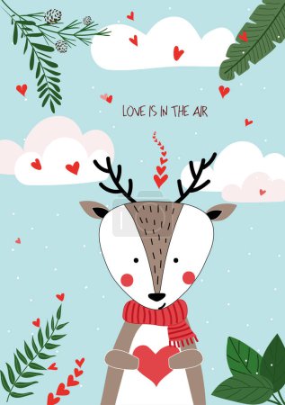 Foto de Cute hand drawn Valentines Day card with funny deer with Heart and caption love is in the air on the background of sky with clouds, hearts, green leaves - Imagen libre de derechos