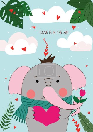 Foto de Cute hand drawn Valentines Day card with funny Elephant with Heart and caption love is in the air on the background of sky with clouds, hearts, green leaves - Imagen libre de derechos