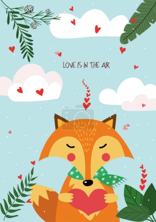 Foto de Cute hand drawn Valentines Day card with funny fox with Heart and caption love is in the air on the background of sky with clouds, hearts, green leaves - Imagen libre de derechos