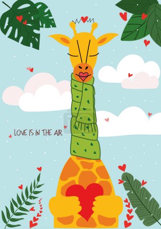 Foto de Cute hand drawn Valentines Day card with funny giraffe with Heart and caption love is in the air on the background of sky with clouds, hearts, green leaves - Imagen libre de derechos