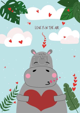 Foto de Cute hand drawn Valentines Day card with funny hippopotamus with Heart and caption love is in the air on the background of sky with clouds, hearts, green leaves - Imagen libre de derechos