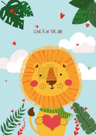 Foto de Cute hand drawn Valentines Day card with funny lion with Heart and caption love is in the air on the background of sky with clouds, hearts, green leaves - Imagen libre de derechos