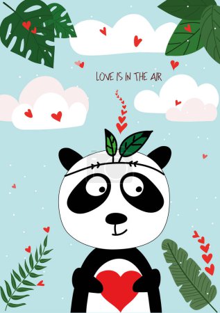 Foto de Cute hand drawn Valentines Day card with funny panda with Heart and caption love is in the air on the background of sky with clouds, hearts, green leaves - Imagen libre de derechos