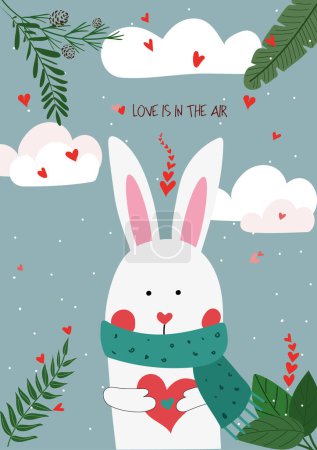 Foto de Cute hand drawn Valentines Day card with funny rabbit with Heart and caption love is in the air on the background of sky with clouds, hearts, green leaves - Imagen libre de derechos