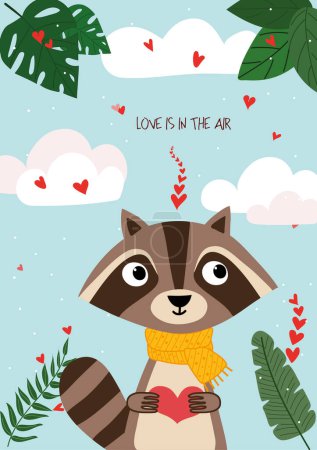 Foto de Cute hand drawn Valentines Day card with funny Raccoon with Heart and caption love is in the air on the background of sky with clouds, hearts, green leaves - Imagen libre de derechos