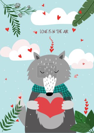 Foto de Cute hand drawn Valentines Day card with funny wolf with Heart and caption love is in the air on the background of sky with clouds, hearts, green leaves - Imagen libre de derechos