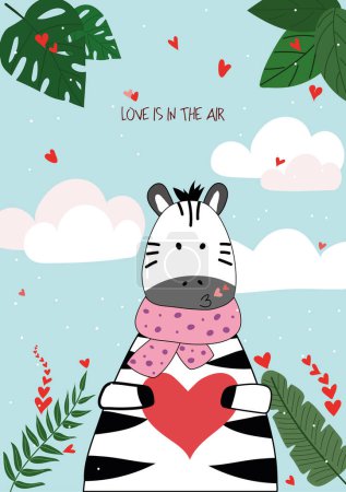 Foto de Cute hand drawn Valentines Day card with funny zebra with Heart and caption love is in the air on the background of sky with clouds, hearts, green leaves - Imagen libre de derechos