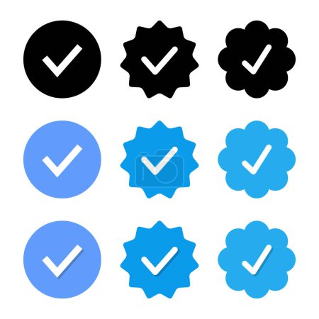 Téléchargez les illustrations : Vecteur d'icône de badge bleu vérifié. Cochez, cochez le signe symbole du profil des médias sociaux - en licence libre de droit
