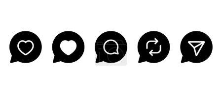 Like, love, comment, repost, and share icon on speech bubbles. Social media elements