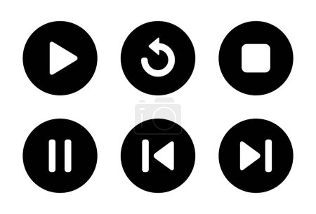 Play, replay, stop, pause, previous, and next track icon on black circle