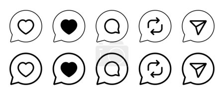 Like, love, comment, repost, and share icon on speech bubble line