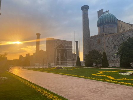 Registan Square at sunset in Samarkand, Uzbekistan and ancient city on the silk road full of ancient Islam and historical achitecture and culture.