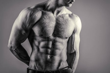 Photo for Six pack abs. Strong man with torso. Sexy muscular man. Sensual mans body. Fitness model. Isolated on grey background. Black and white. - Royalty Free Image