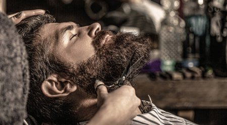 Photo for Barber scissors, barber shop. Vintage barbershop, shaving. Man hairstylist. Beard man in barbershop. - Royalty Free Image