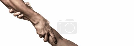 Foto de Dos manos, el brazo de un amigo, el trabajo en equipo. Ayudar a mano extendida, brazo aislado, la salvación. - Imagen libre de derechos
